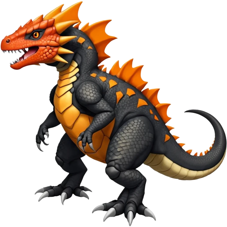Black Salandit-Tyrunt-Tyrantrum-Greymon-Fakémon-creature-hybrid with orange belly (full body) emoji