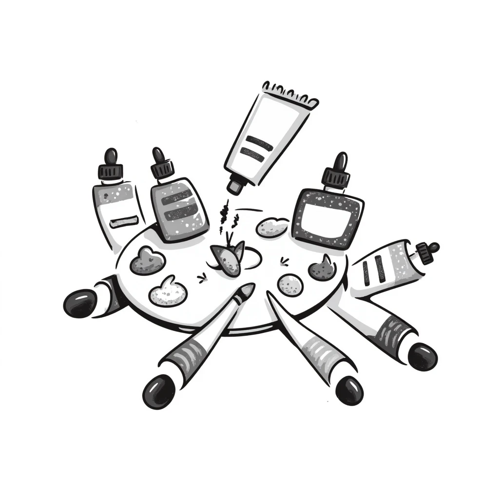 A set of artist's paints with tubes and a watercolor palette in pastel colors (dd9fb0, ffc6d3, a3bfc9, c4bee2, f1b091), hand-drawn doodle style emoji