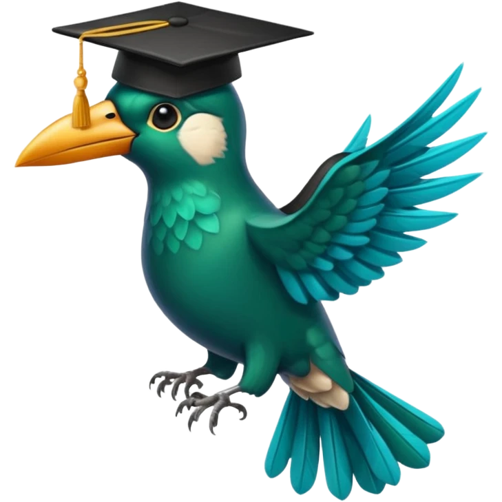 Un COLIBRÍ con birrete de graduación y que el colibrí sea turquesa oscuro, que este se vea bastante realista  emoji
