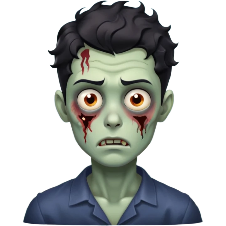 Make a handsome zombie boy with wavy black hair, with the waves showing behind his neck like long hair, the hair touching his forehead just above the eyebrows, with tired, slanted eyes, a thick eyebrow, and a closed mouth like the iPhone emoji. emoji