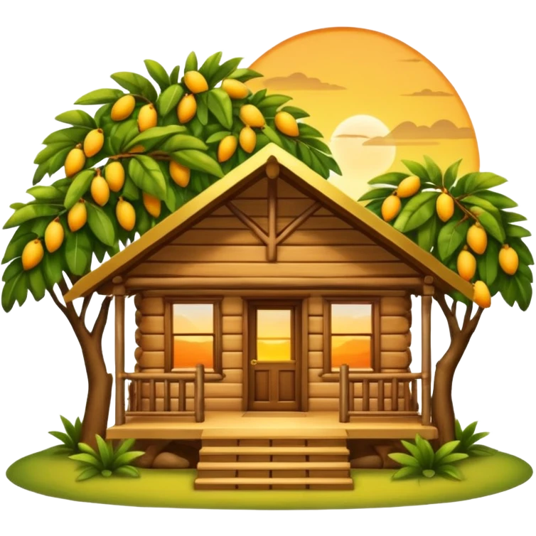 Warm wooden cabin with front porch under a mango tree branch, sunset sky in the background. Cozy, peaceful, emoji-style with soft edges and golden tones. emoji