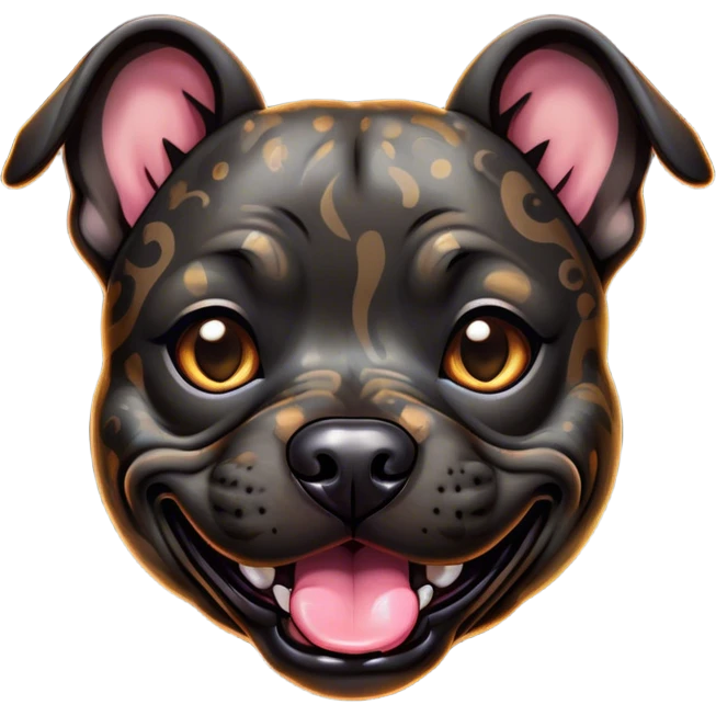 Cinematic Comical Black/Brindle Staffordshire Bull Terrier Portrait Emoji, Head tilted dramatically with an exaggeratedly amused expression, featuring a striking Fur with bold black and brindle patterns, wide, expressive dark eyes filled with playful disbelief, Simplified yet hilariously expressive features, highly detailed, glowing with a slightly sassy glow, high shine, dramatic yet playful, stylized with an air of cheeky mischief, bright and endearing, soft glowing outline, capturing the essence of a spirited and over-the-top guardian, so meme-worthy it feels like it could side-eye its way into internet fame instantly! emoji