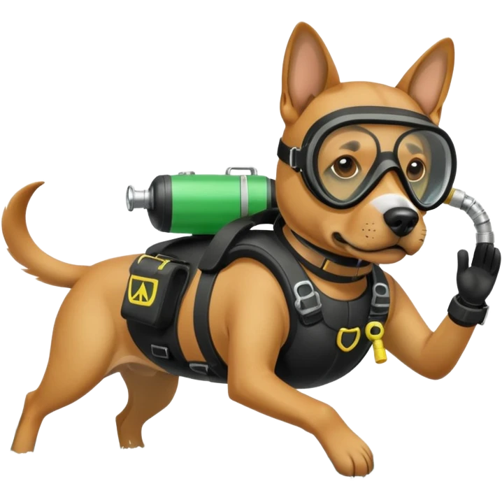 dog wearing scuba green gear dive into the sea with diver mask and oxygen tank emoji