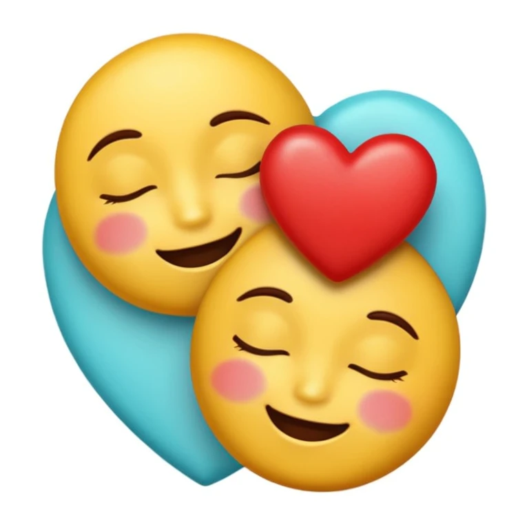 Apple emoji aesthetic: yellow emoji with closed eyes, gentle smile, soft gradient shading, flat cyan background, one red heart at top right, two shiny chocolate pieces instead of other hearts, realistic, glossy, rounded, clean, digital, smooth emoji