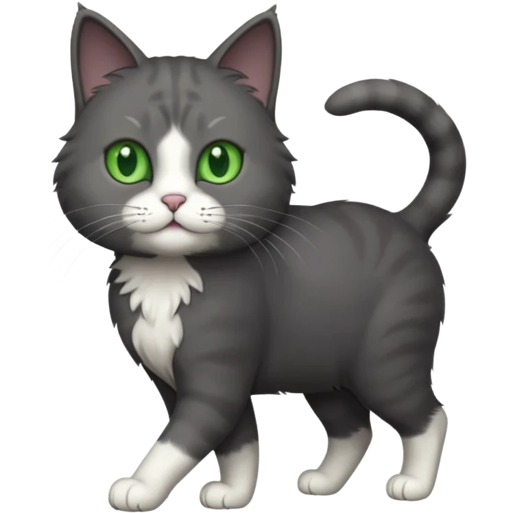 full body solid dark grey cat with green eyes, white paws and white whiskers walking emoji