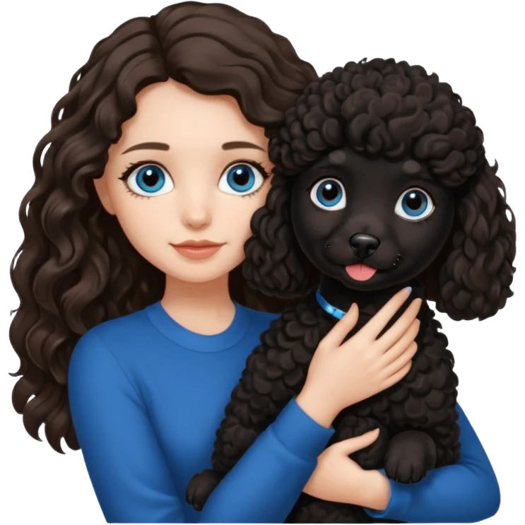 Brunette girl with long wavy hair and blue eyes holding one black puppy poodle with black fur and brown eyes. No decoration on the dog.  emoji