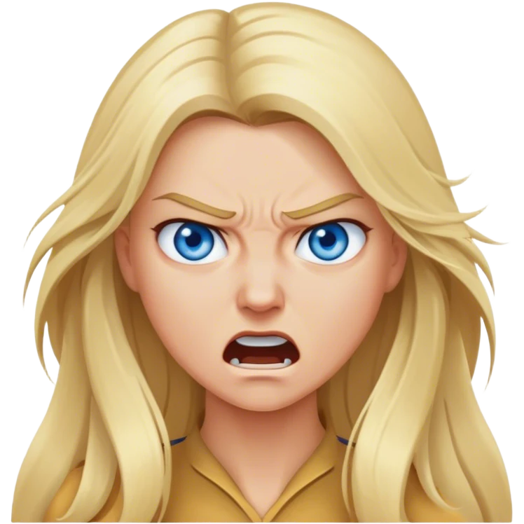 Cinematic realistic blonde with long hair, blue eyes gets angry emoji