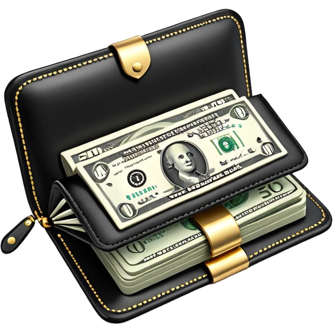 Rich emoji style black leather wallet with dollar bills, luxury money vibe, premium 3D emoji, ultra clean, high detail, no background emoji