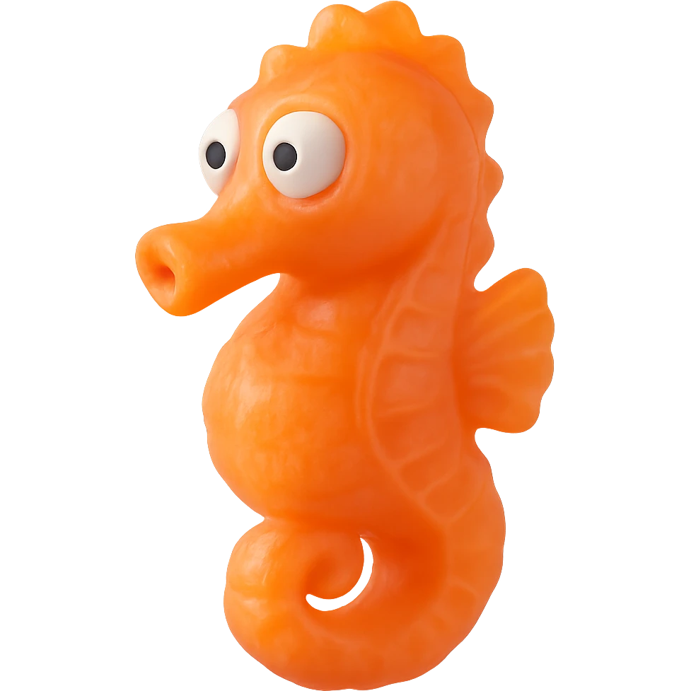hyper-detailed retro 90's toy style bright orange semi-transparent soft plastic seahorse with derpy eyes soft reflections soft and squishy some cloudiness not shiny highly detailed appealing no tag no background emoji