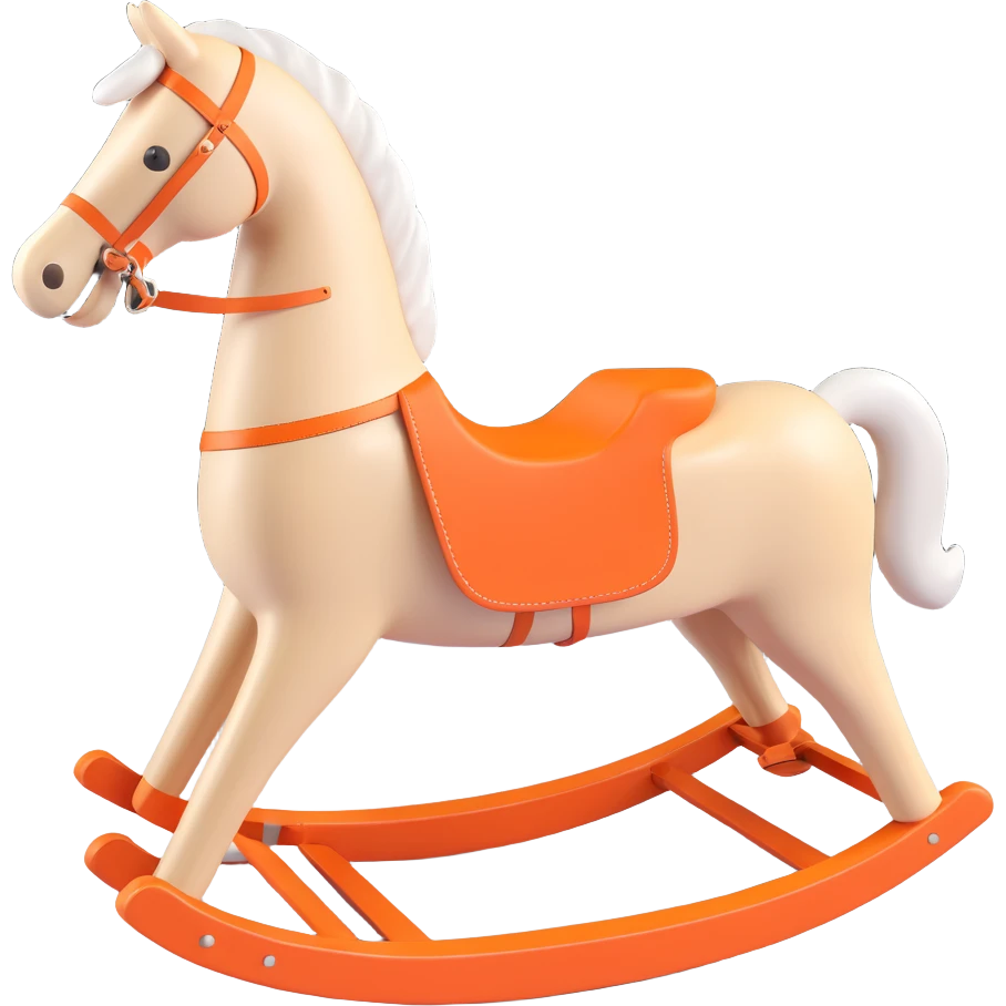 rocking horse, 3D, plain wood, clean lines, Hermès orange detail, minimal design, no text emoji