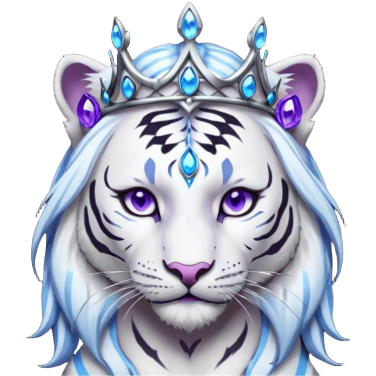 ESO Female white/black tiger khajiit leader of the umbral rose, glowing blue eyes, glowing blue 'third eye' gem; silver crown/tiara with purple gems  emoji