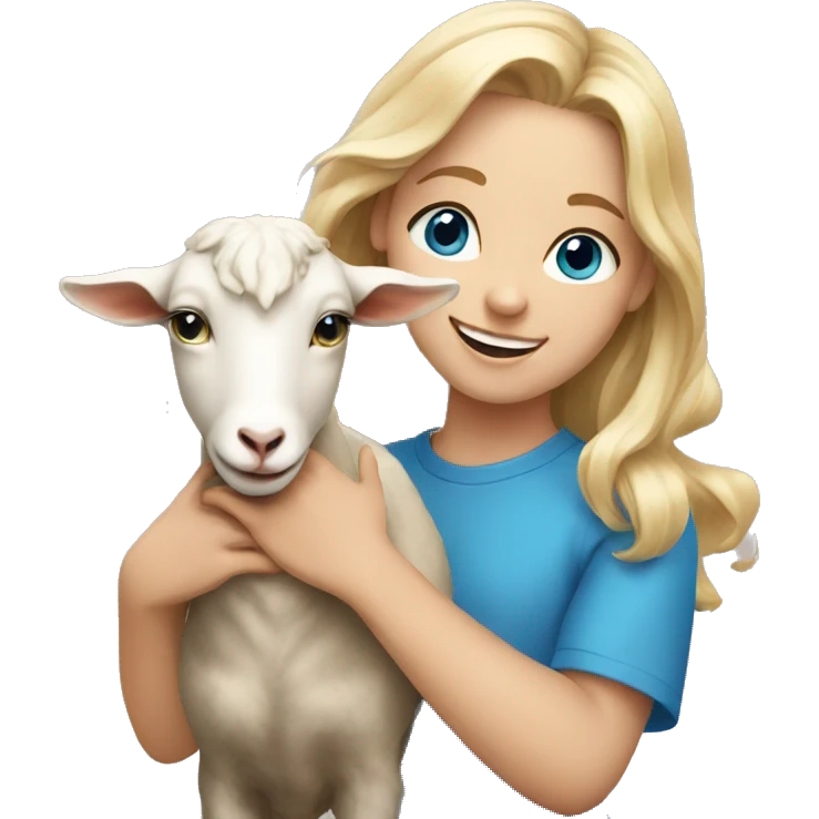 smiling girl with blonde hair blue eyes holding goat emoji