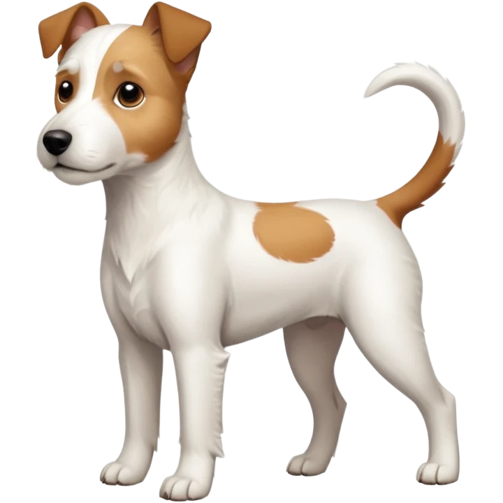 a full body large white parson russell terrier looking dog the size of a kelpie with light brown big ears and a light brown patch on one eye and a large snout emoji