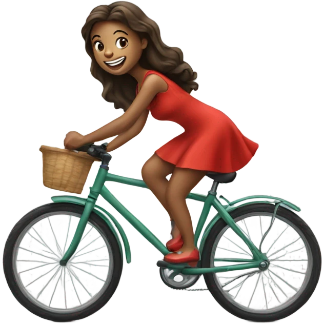 smiling girl in red dress riding a bike emoji