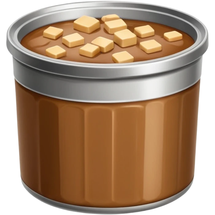 open metal can filled with soft moist chunks or smooth pâté in natural brown tones, slightly glossy gelatinous surface, clean edge, no label, no pet, spoon, or bowl, just the open can and contents, apple emoji style, soft lighting, subtle shadows, transparent background, emoji scale emoji