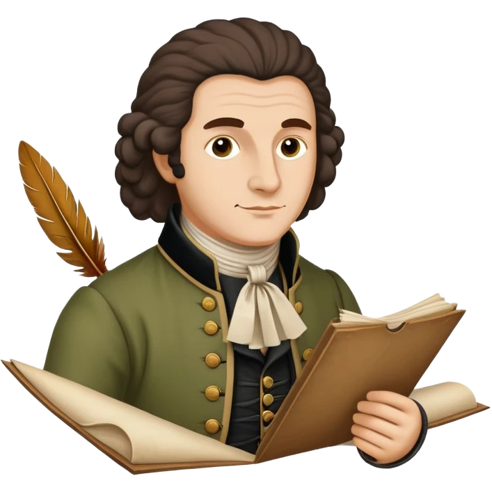 Rousseau with quill and parchment, 18th-century attire, friendly face emoji