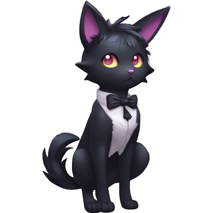 Shiny Cool Edgy Emo pastel Black beautiful ethereal fantasy Kawaii Sona Umbreon-Noibat-Litten-Fakemon-cat-animal with edgy bat-ears bow tie black mane vtuber model Full Body emoji