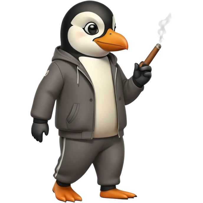 friendly anthropomorphised penguin wearing a mafia-style tracksuit, holding a cigar, secretive scheming pose, angry expression, walking with determined stride emoji