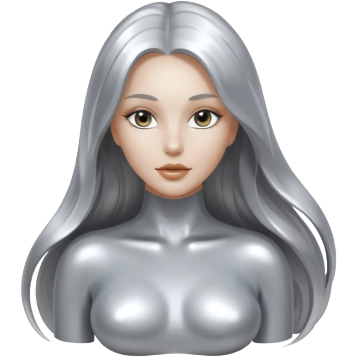 abstract sensual body silhouette, liquid silver chrome, smooth curves,chrome silver long hair, chrome metallic silver full face  and body, sensual poses emoji