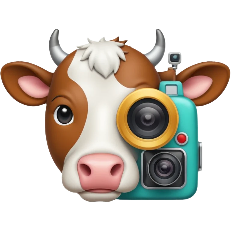 Emoji-style icon of a cow and buffalo with a camera or scan frame, representing image upload for breed detection. Simple, friendly, rounded design, clear at small sizes, teal and white accents, no text, transparent background. emoji