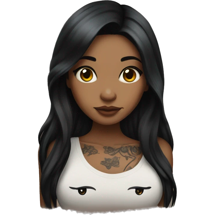 beautiful girl with tattoos, with long black hair and medium skin  , with black kitty emoji