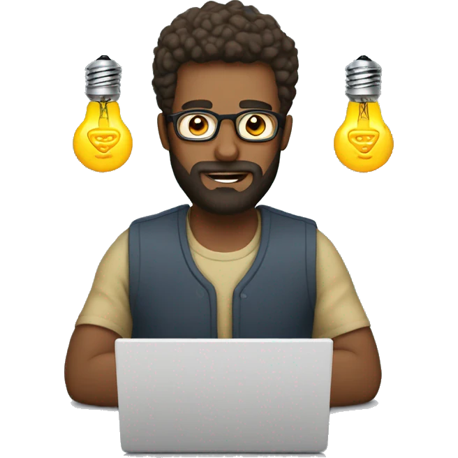 A man with with beard working on a laptop with a lightbulb above his head emoji
