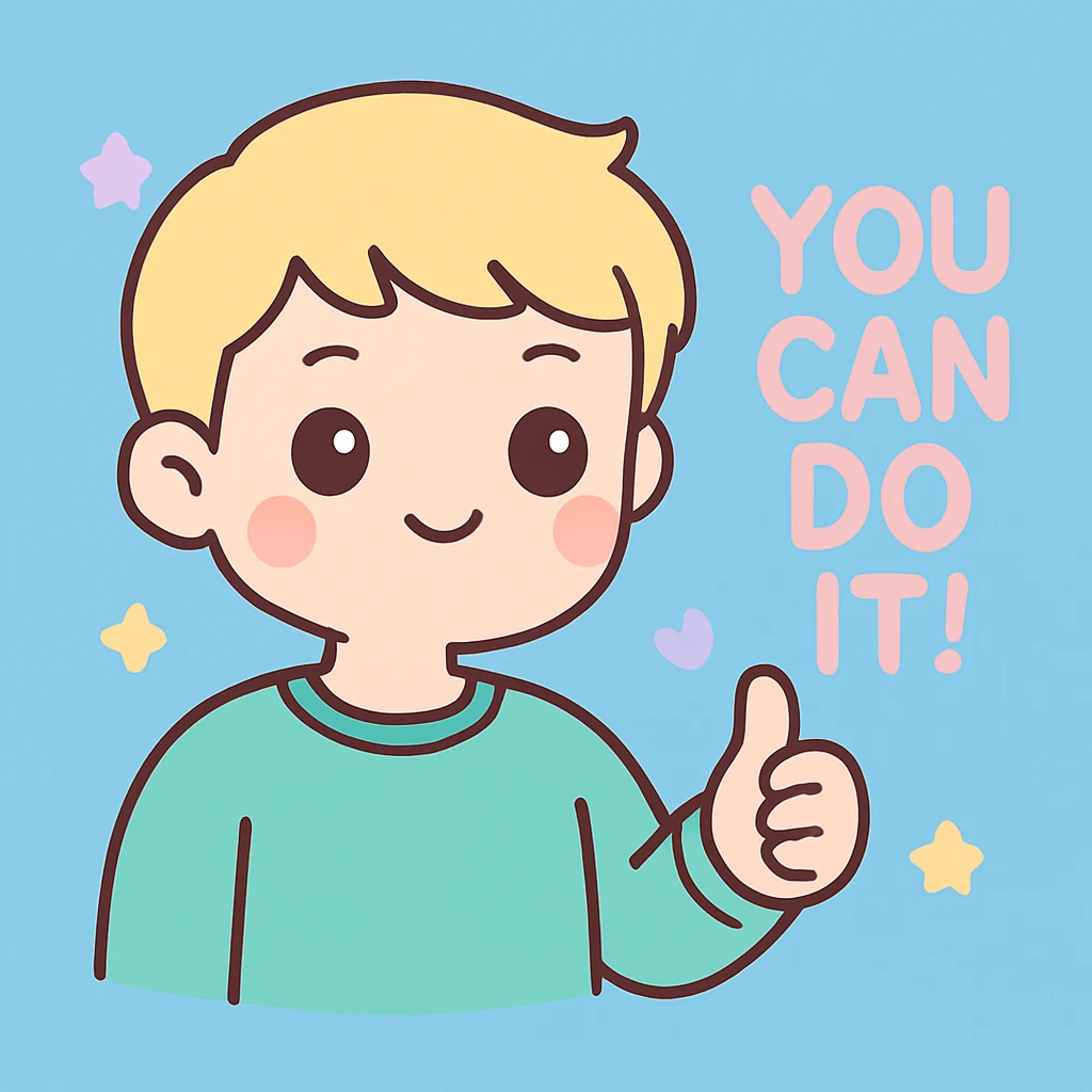 Add a blue background behind a young blond man with short hair, giving encouragement, maintaining the kawaii style of the image. emoji