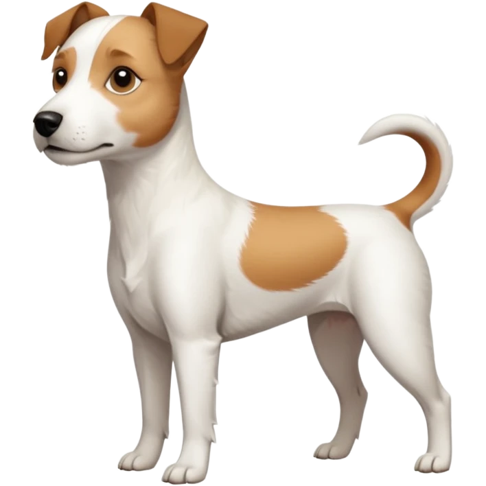 a full body slightly chubby white parson russell terrier looking dog the size of a kelpie with light brown long ears and a light brown patch on one eye and a large snout emoji
