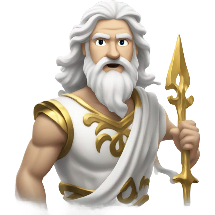 white man Poseidon with gold trident. long white hair white dress. black soot on face emoji