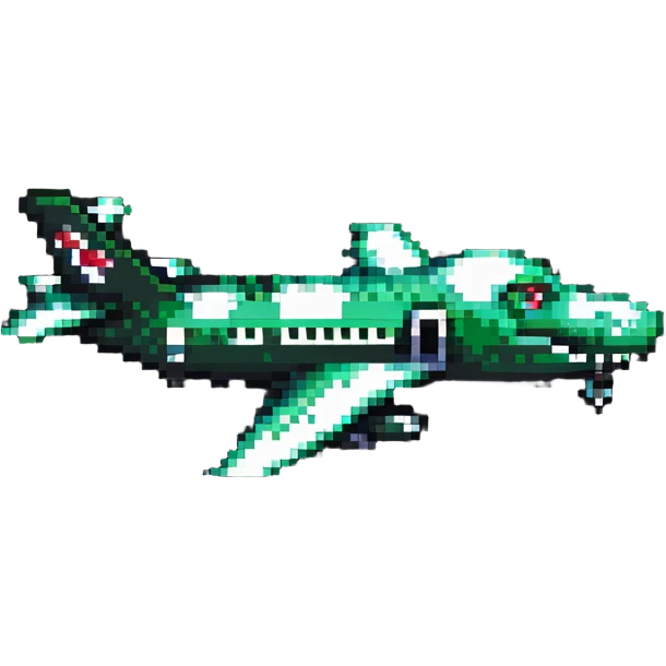 airplane with crocodile head as nose, side view, pixel art style emoji