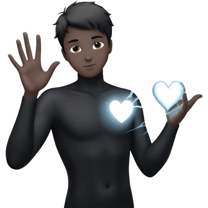 youthful male silhouette with glowing heart spark and flowing energy at fingertips, minimalist black or silver with soft dynamic motion emoji