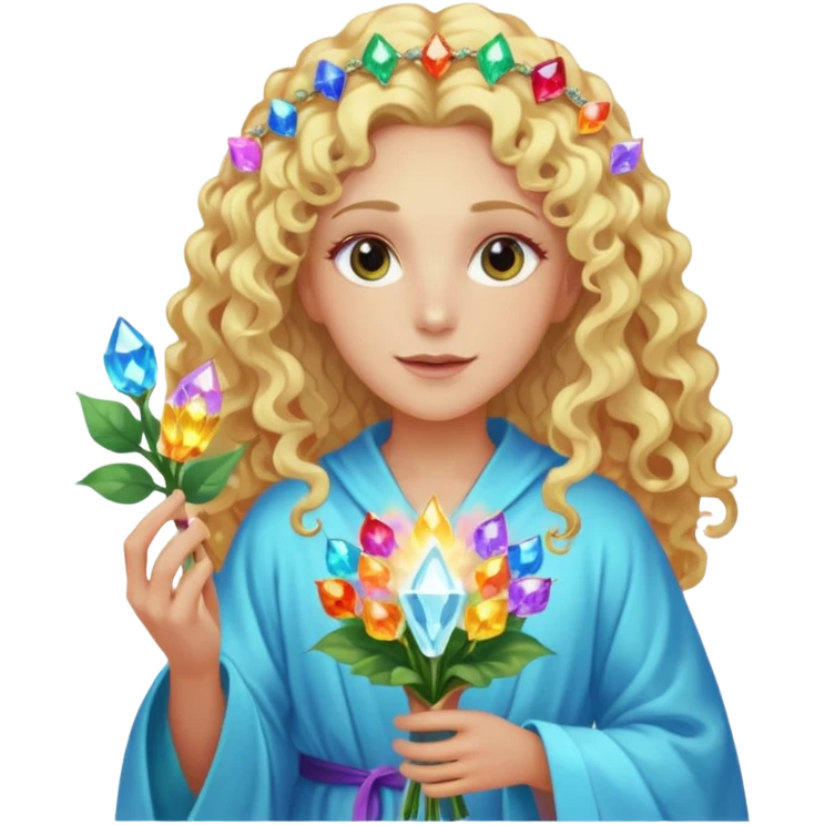 a being made of light pleidian nordic long faces and curly blond hair but beautiful features of light with a robe on made of light and who is lanky holding a bouquet of crystal flowers on rainbow fire emoji