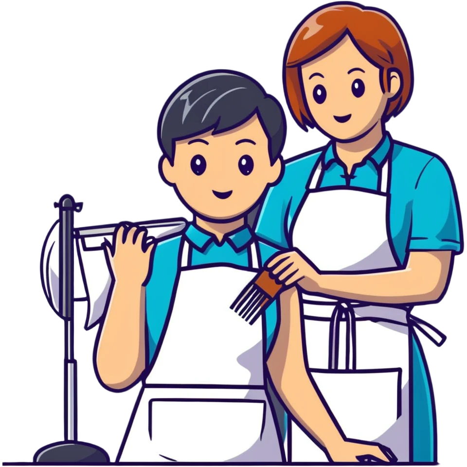 stylist with apron demonstrating haircut on mannequin to student emoji
