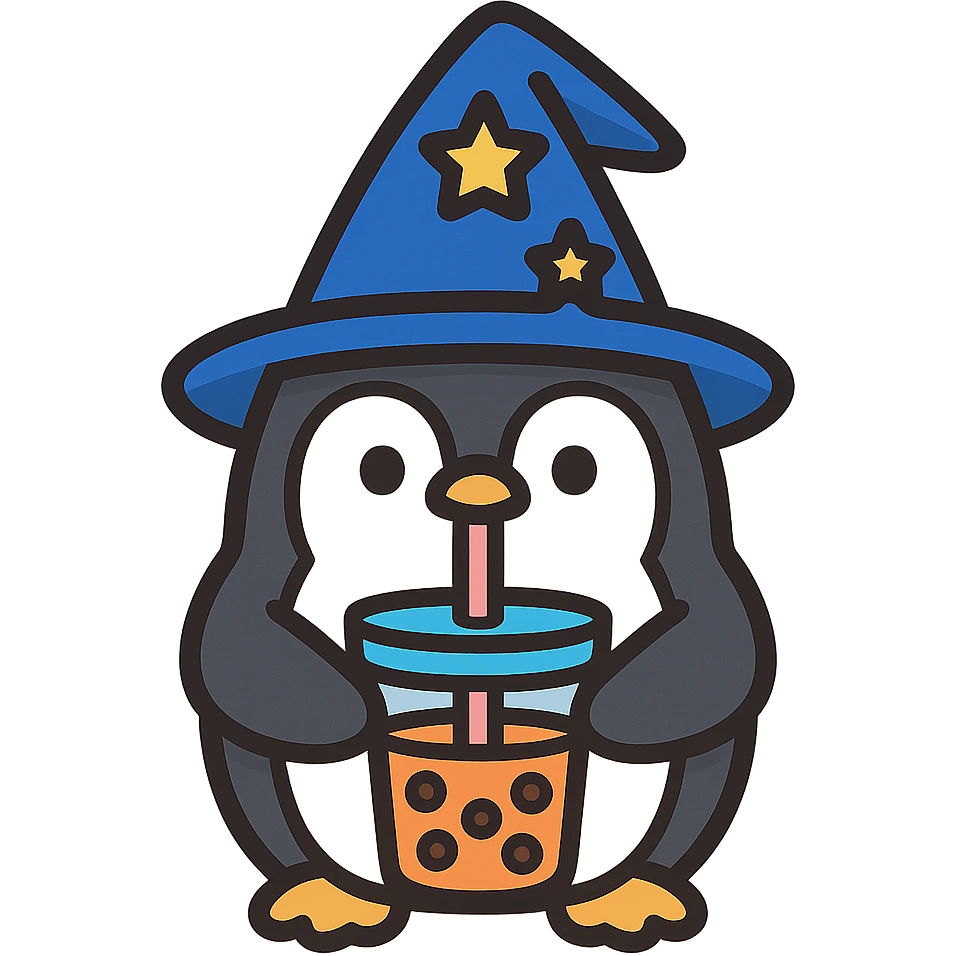 wizard penguin sipping a boba drink, icon style, soft shading, cute and friendly emoji