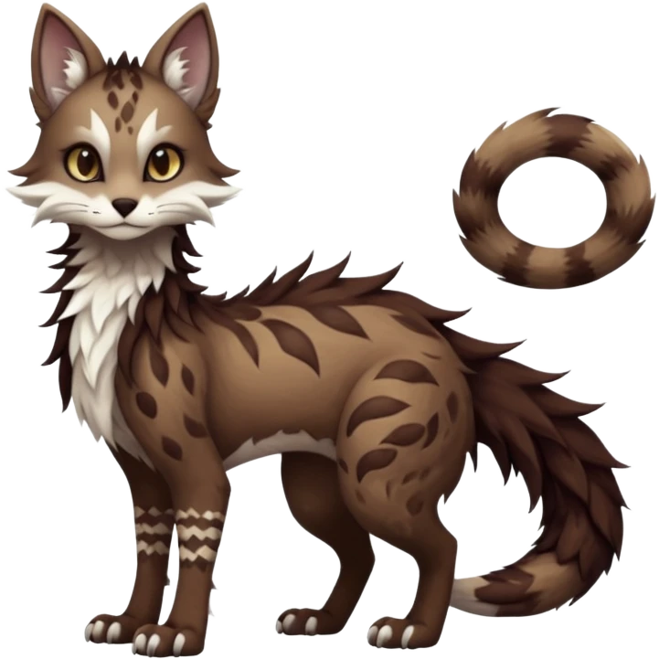 Kawaii dark edgy brown beige white fantasy ethereal feline-vernid-sergal-fursona animal creature with a tufted tail full body with intricate markings  emoji
