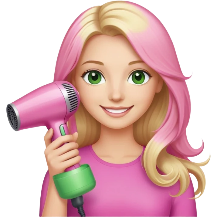 blonde with long hair and green eyes, holding a pink Dyson hair dryer, smiling emoji