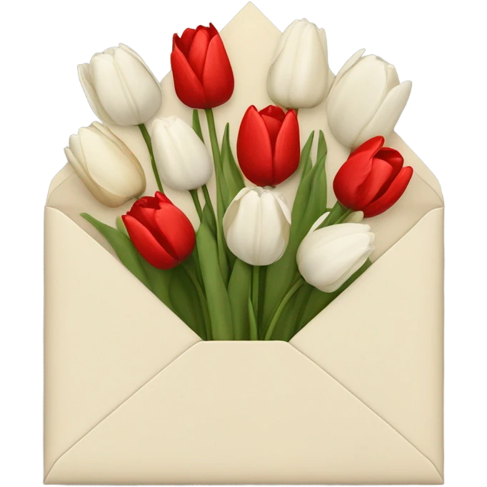 Light beige Envelope with 4 red tulips and 4 white tulips in. Make the envelope full and the envelope should be off white colour emoji
