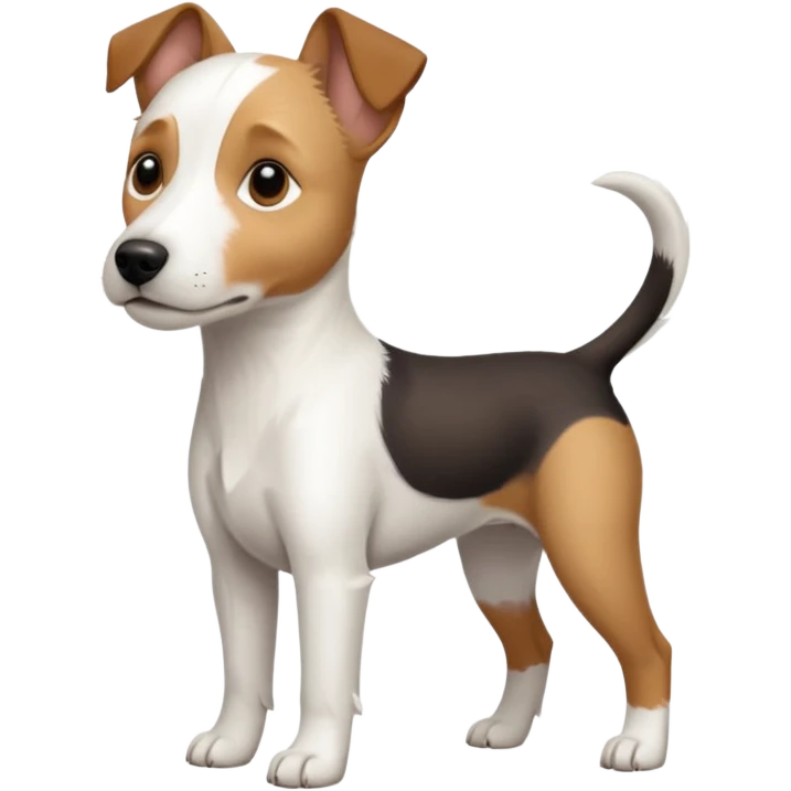 a full body slightly chubby white parson russell terrier looking dog the size of a kelpie with light brown long ears and a light brown patch on one eye and a large snout. the rest of the dog is completely white. forward facing emoji