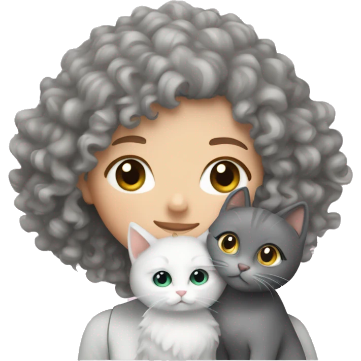White Girl curly hair cuddling with grey cat emoji