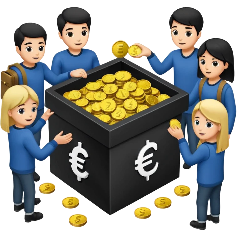 A box of money 💶  A euro icon €  a lot of Students putting coins into the box emoji