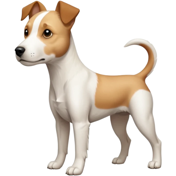 a full body facing front on of a buff white parson russell terrier looking dog the size of a kelpie with light brown long ears and a light brown patch on one eye and a large snout. the rest of the dog is completely white.  emoji