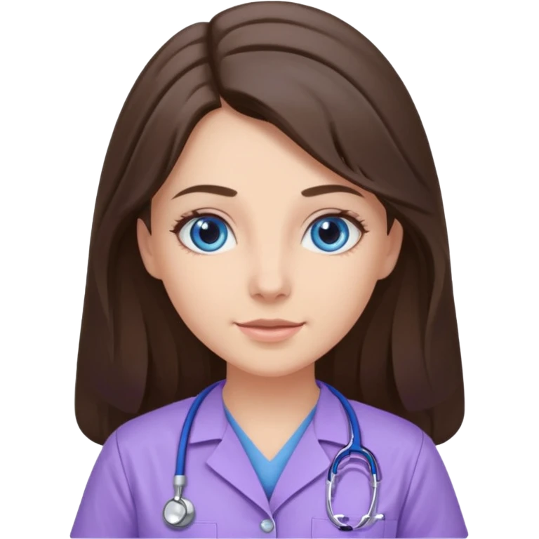 pretty brunette nurse with long hair and blue eyes in lilac scrubs emoji
