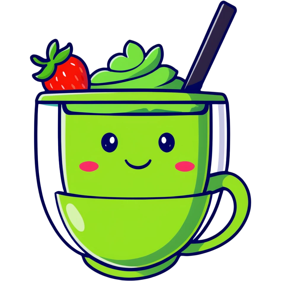 cute cartoon strawberry green tea in a cup with a smiling face emoji
