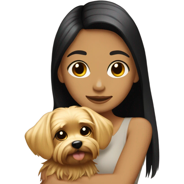 Tan girl with black straight hair hugging a blonde Yorkie  emoji