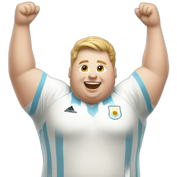 Short hair, obese white man jumping. argentina team uniform. Hands up emoji