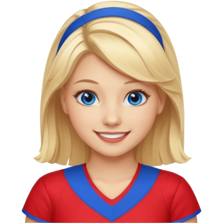 Cheerleader with blonde hair and blue eyes in a red and blue uniform emoji