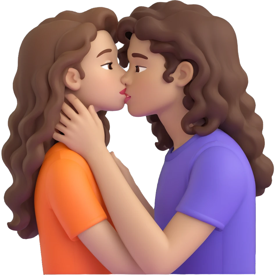 long light brown hair girl with pale skin and boy with dark curly hair and tanned skin kissing emoji