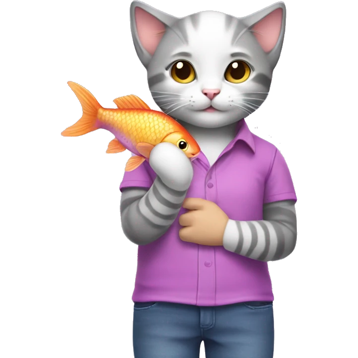 A gray and white kitten wearing a pink and purple shirt is holding a fish emoji