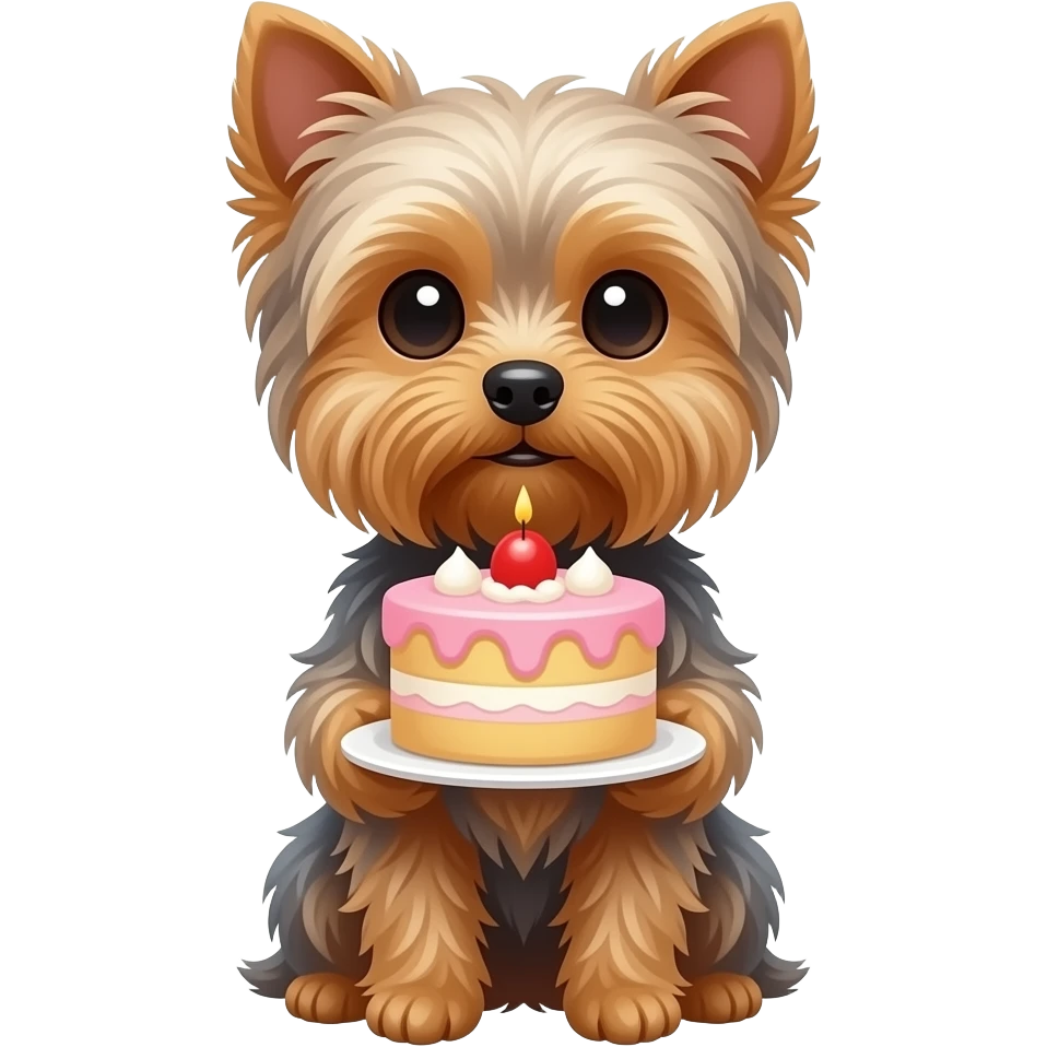 Yorkie dog sitting holding onto a cake emoji