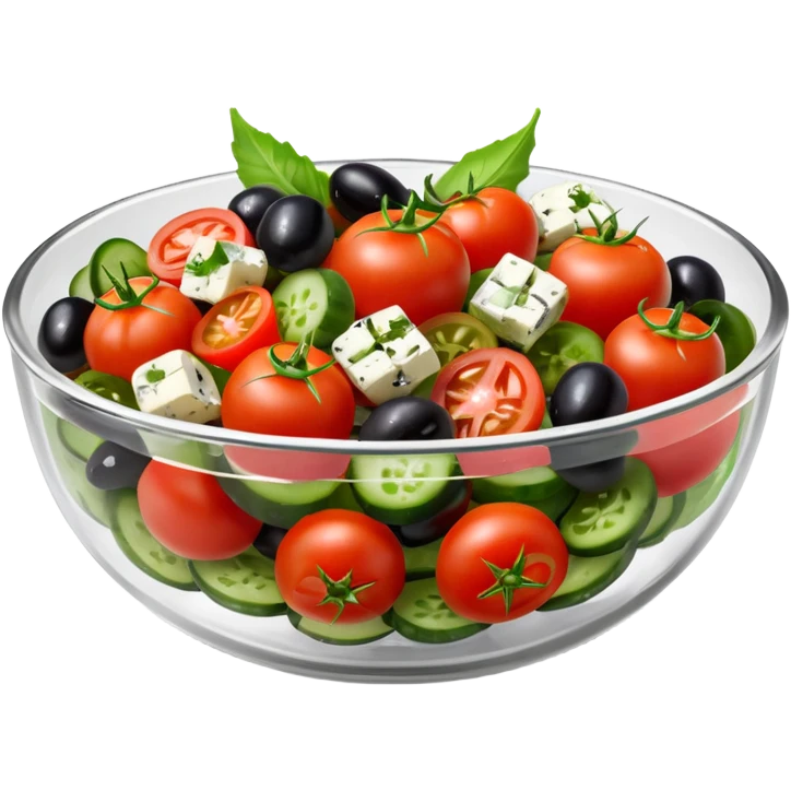 mediterranean salad bowl object icon, served in a transparent glass bowl, tomatoes, cucumbers, olives, feta cheese, olive oil dressing, glossy fresh look, 3D cartoon, mobile game icon style, centered, clean background, soft shadow, no text, no watermark emoji